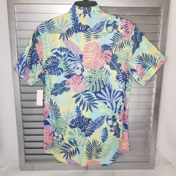 IZOD Mens S Short Sleeve Cotton Floral Hawaiian Button Up Shirt Yellow Blue Pink - Picture 7 of 12